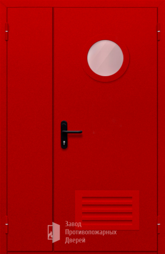 Фото двери «Полуторная с круглым стеклом и решеткой (красная)» в Рузе